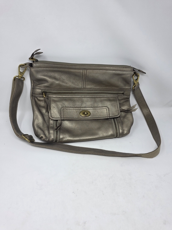Fossil Handbags - Fossil Metallic Leather Crossbody Bag Pewter Bronze Multi Pocket Shoulder Purse